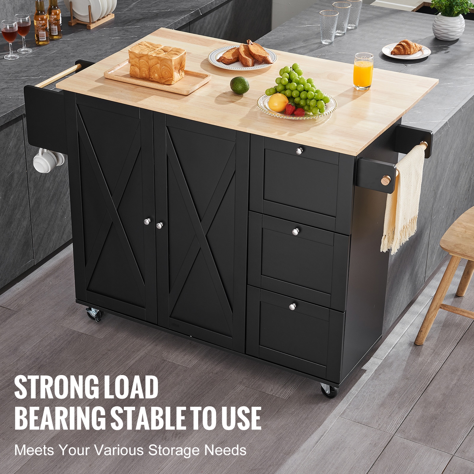 Kitchen Island Cart Rolling Storage Cabinet On Wheel With Drawer & Shelves_voghion.com